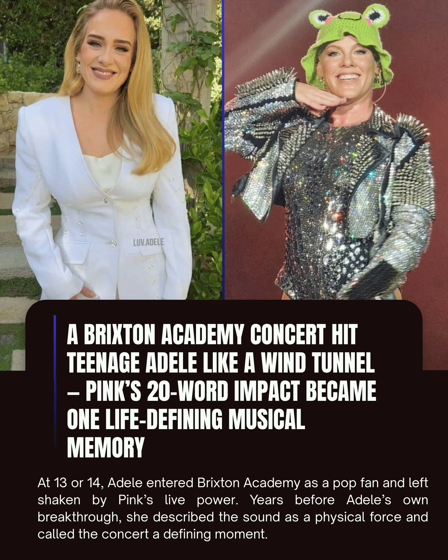 A Brixton Academy Concert Hit Teenage Adele Like a Wind Tunnel — Pink’s 20-Word Impact Became One Life-Defining Musical Memory