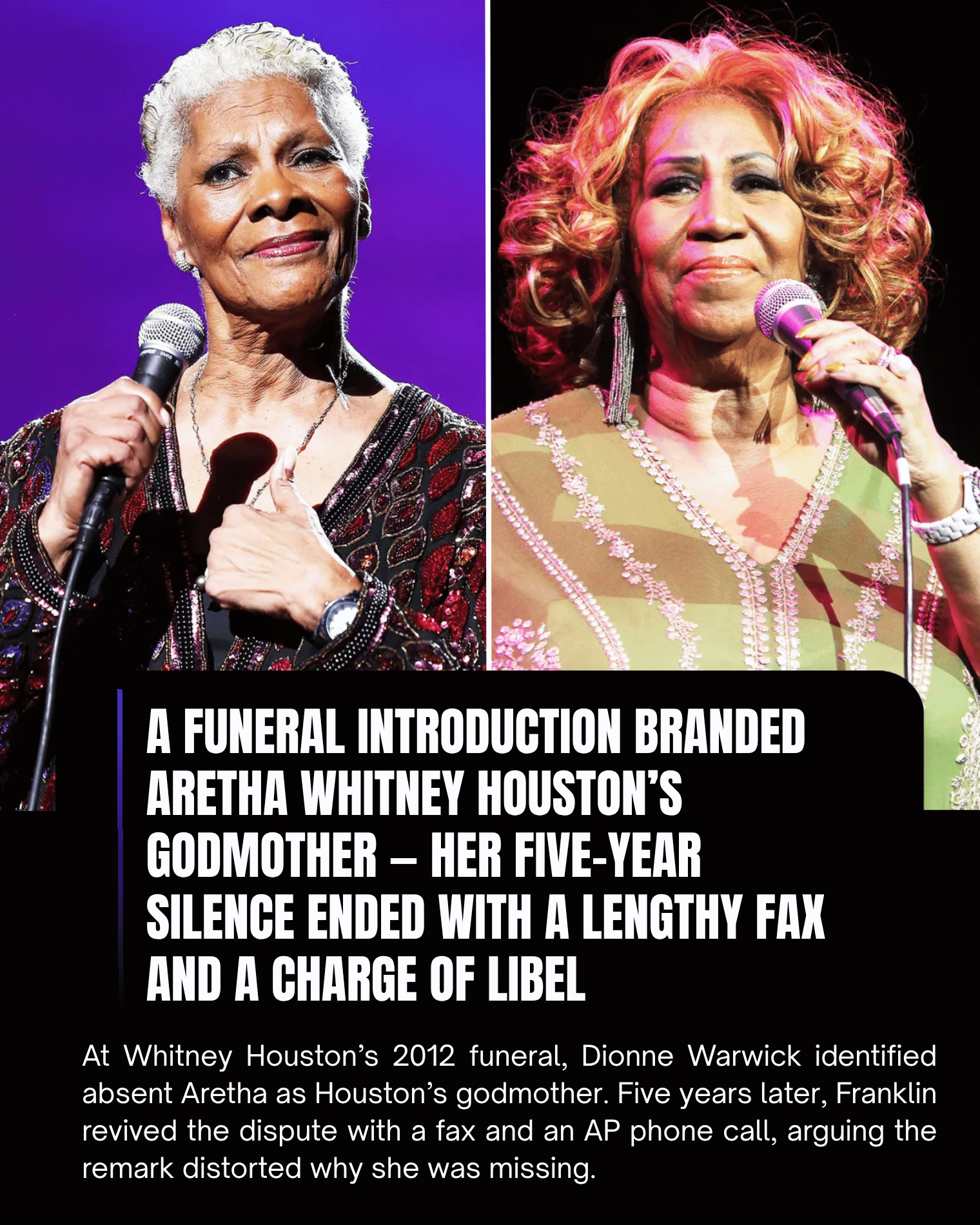 A Funeral Introduction Branded Aretha Whitney Houston’s Godmother — Her Five-Year Silence Ended With a Lengthy Fax and a Charge of Libel.