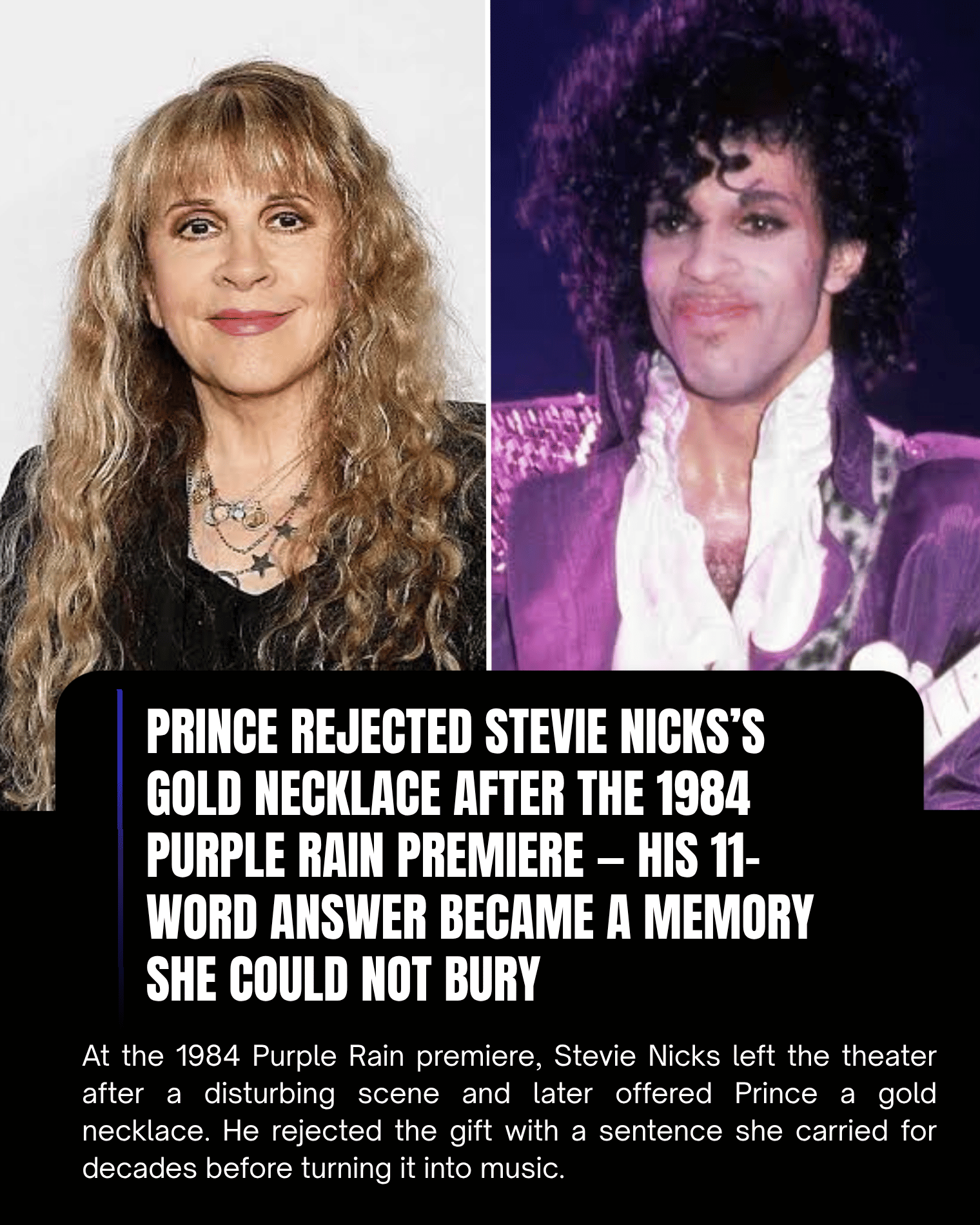 Prince Rejected Stevie Nicks’s Gold Necklace After the 1984 Purple Rain Premiere — His 11-Word Answer Became a Memory She Could Not Bury