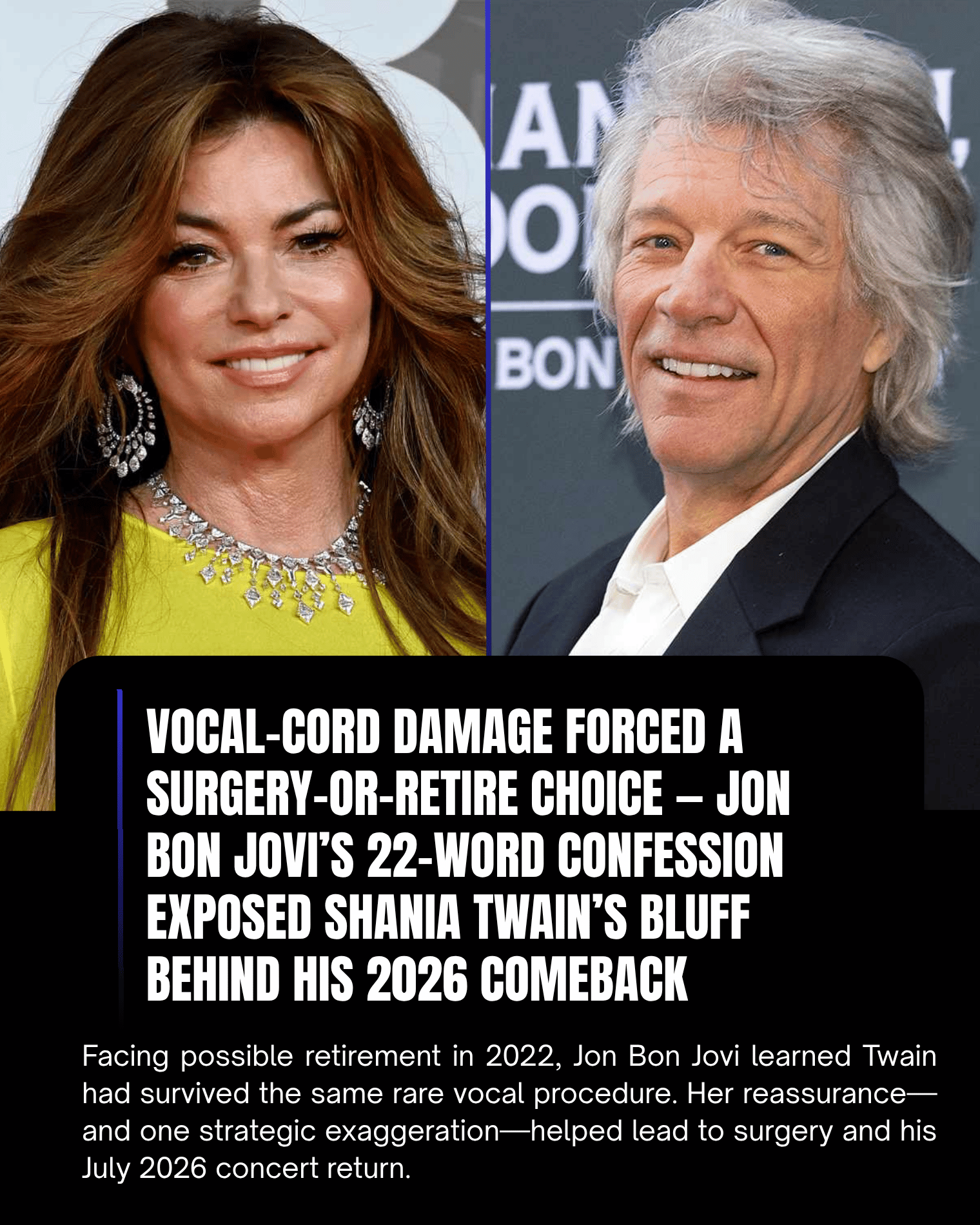 Vocal-Cord Damage Forced a Surgery-or-Retire Choice — Jon Bon Jovi’s 22-Word Confession Exposed Shania Twain’s Bluff Behind His 2026 Comeback.